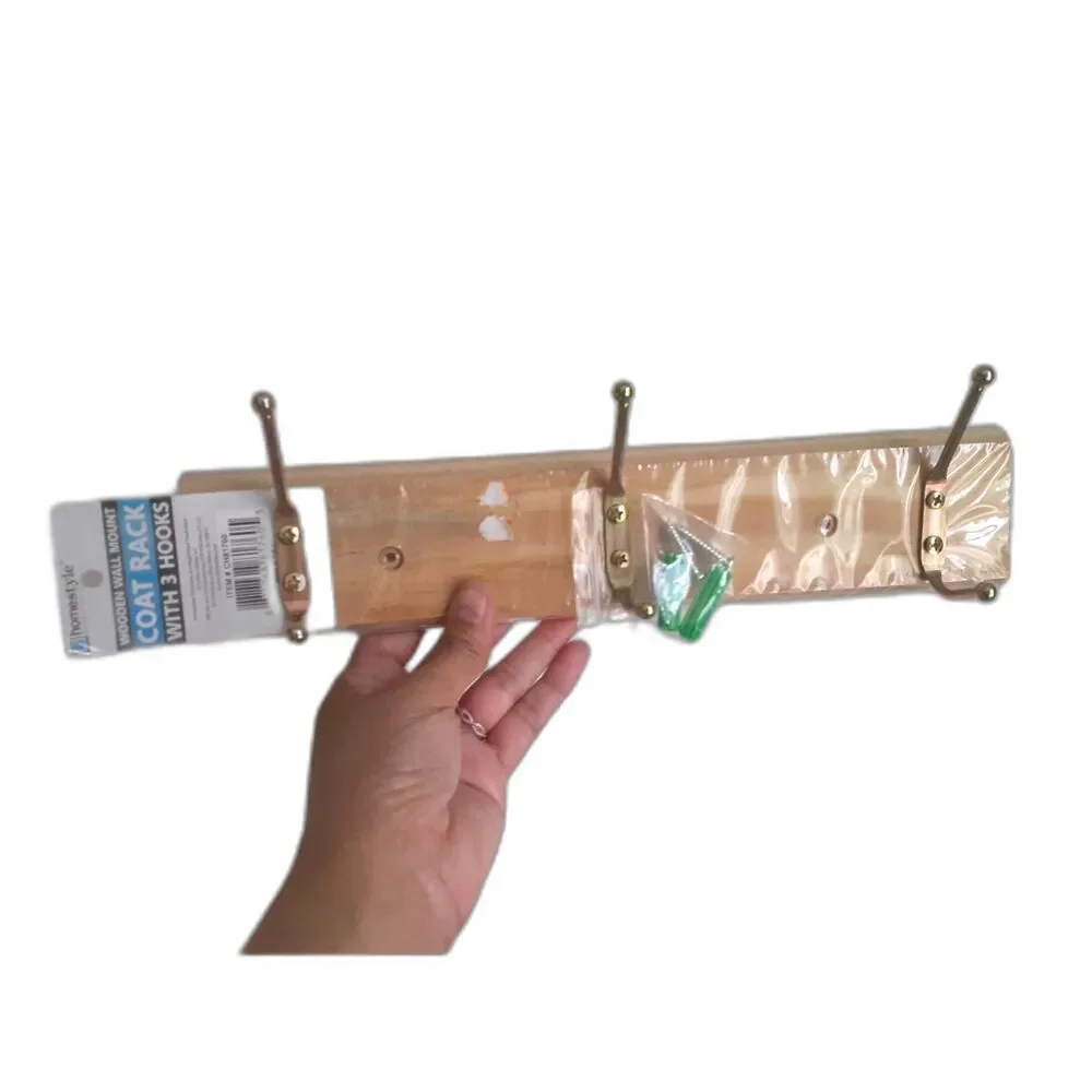 Home Essentials Wooden Wall Mount 3 Hook Coat Scarf Hat Rack NIP